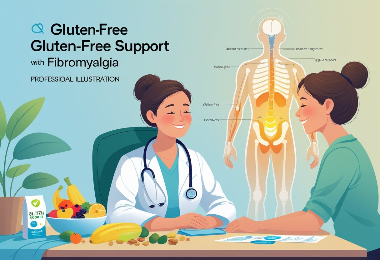 A healthcare professional talks to a patient with fibromyalgia surrounded by gluten-free foods and a subtle diagram of the human body highlighting pain areas.