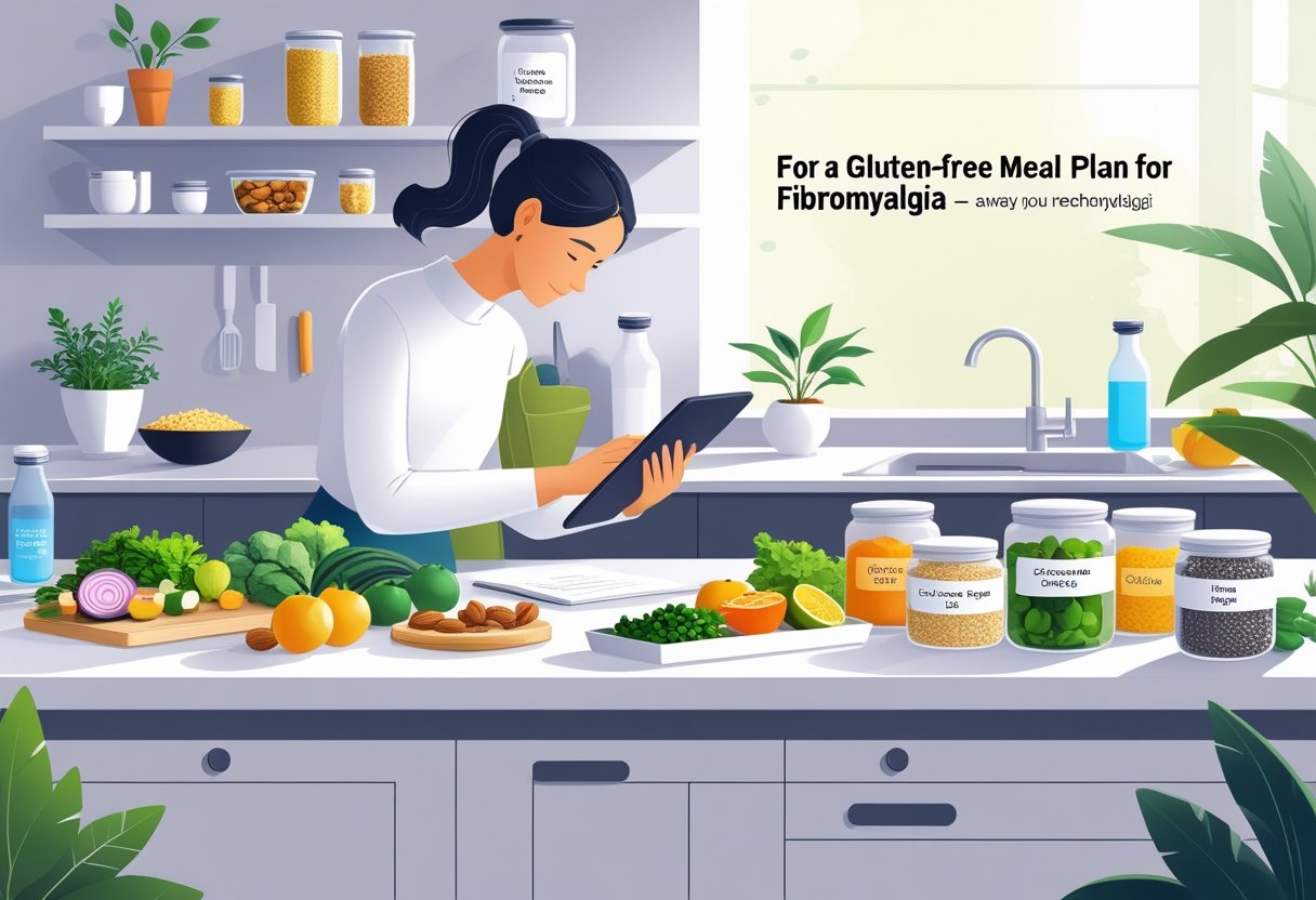 A person planning a gluten-free meal in a kitchen with fresh vegetables, fruits, and gluten-free ingredients on the countertop.