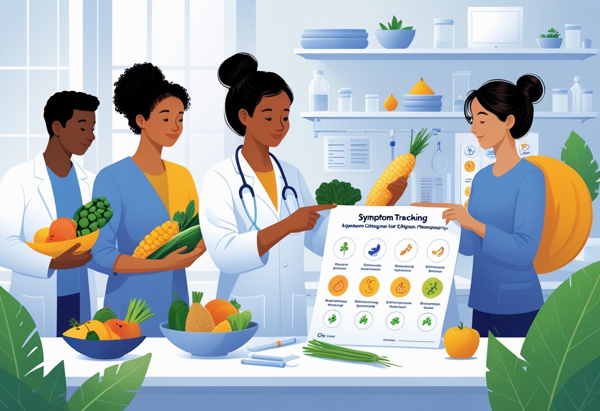 A healthcare professional guides a patient in a consultation room with fresh gluten-free foods and a chart showing symptom tracking related to fibromyalgia.