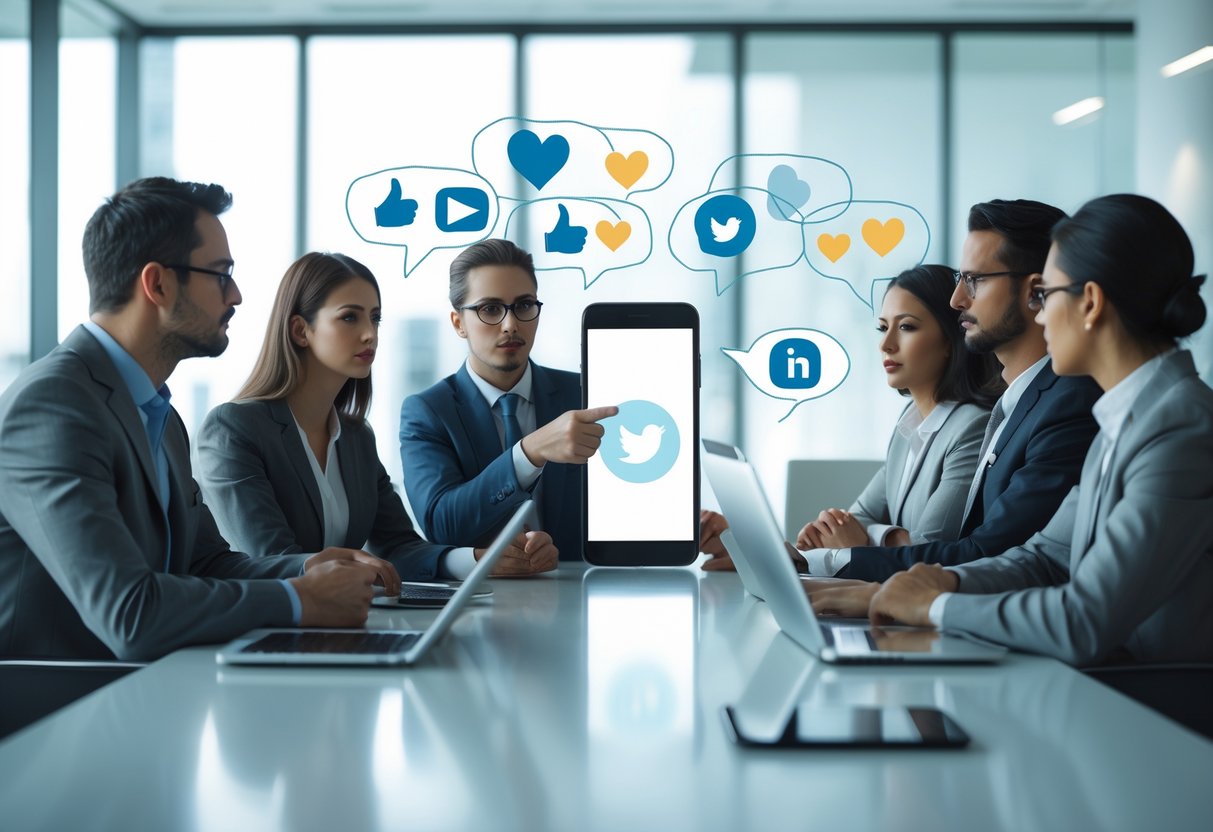 A group of professionals in an office discussing social media concepts around a conference table with a digital screen showing floating social media icons.