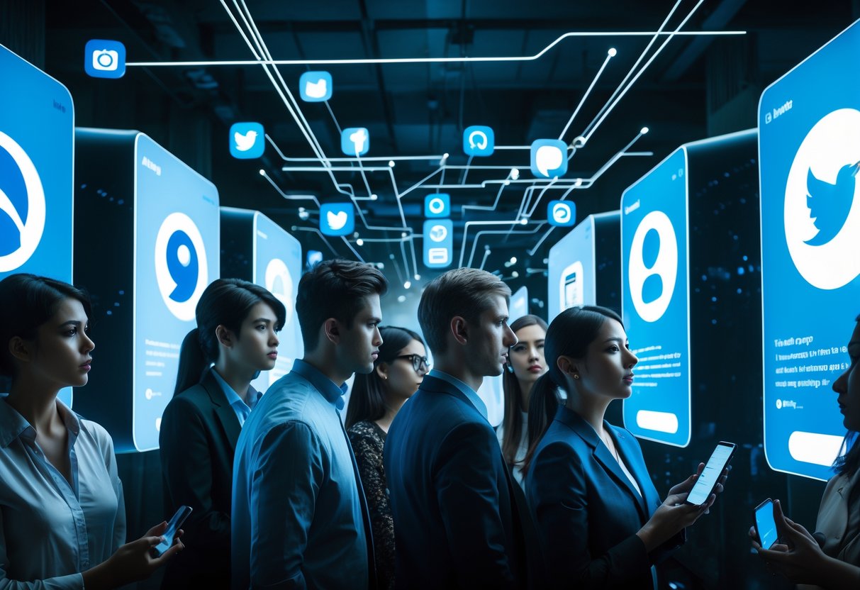 A diverse group of people looking at multiple digital screens and mobile devices showing social media icons, with a dark office background and digital network lines symbolising control.
