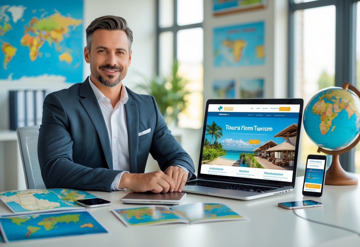 A tourism business owner working on a laptop showing a tourism website in a bright office with travel brochures and maps around.