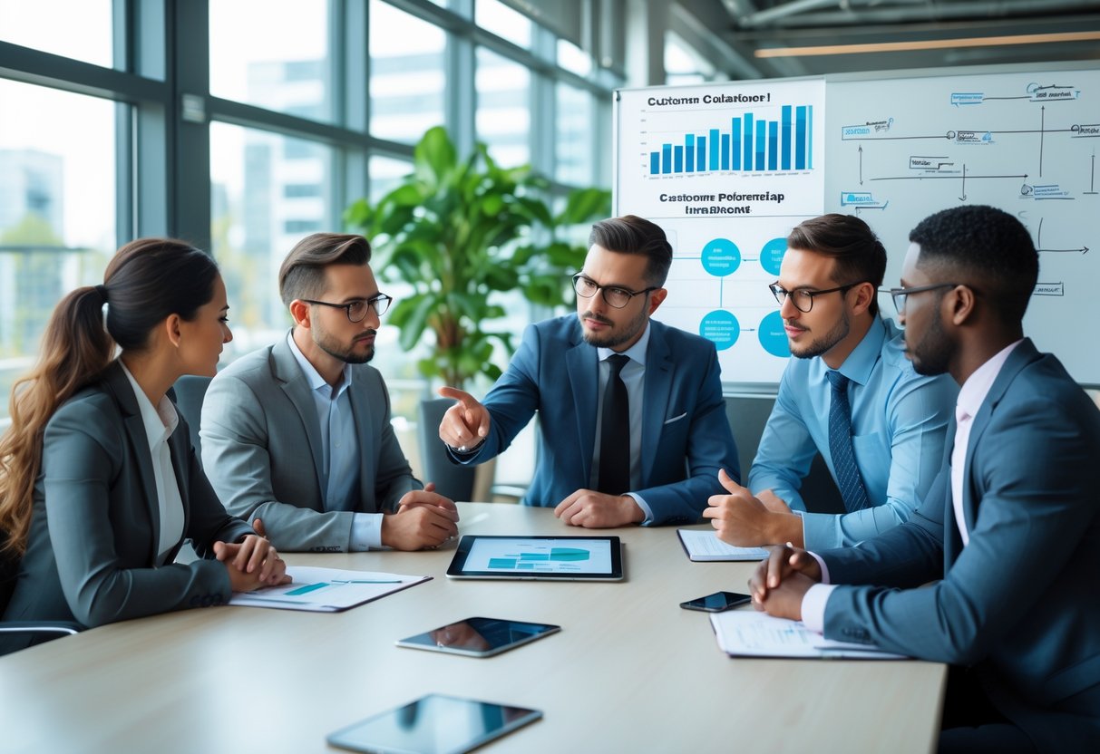 A group of business professionals discussing customer data around a conference table in a modern office.