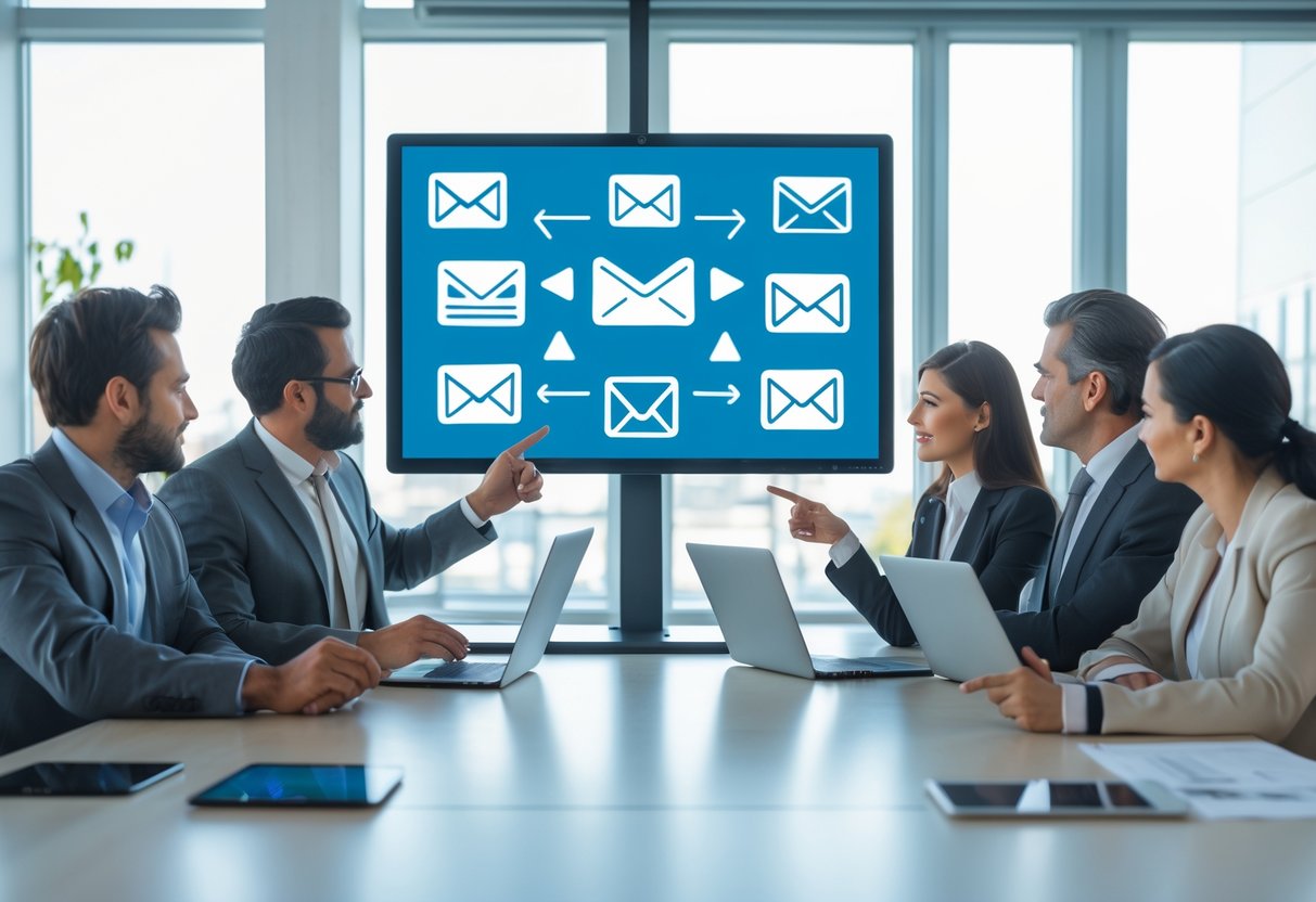 A group of business professionals in a meeting room discussing email marketing with a digital screen showing email and newsletter icons.
