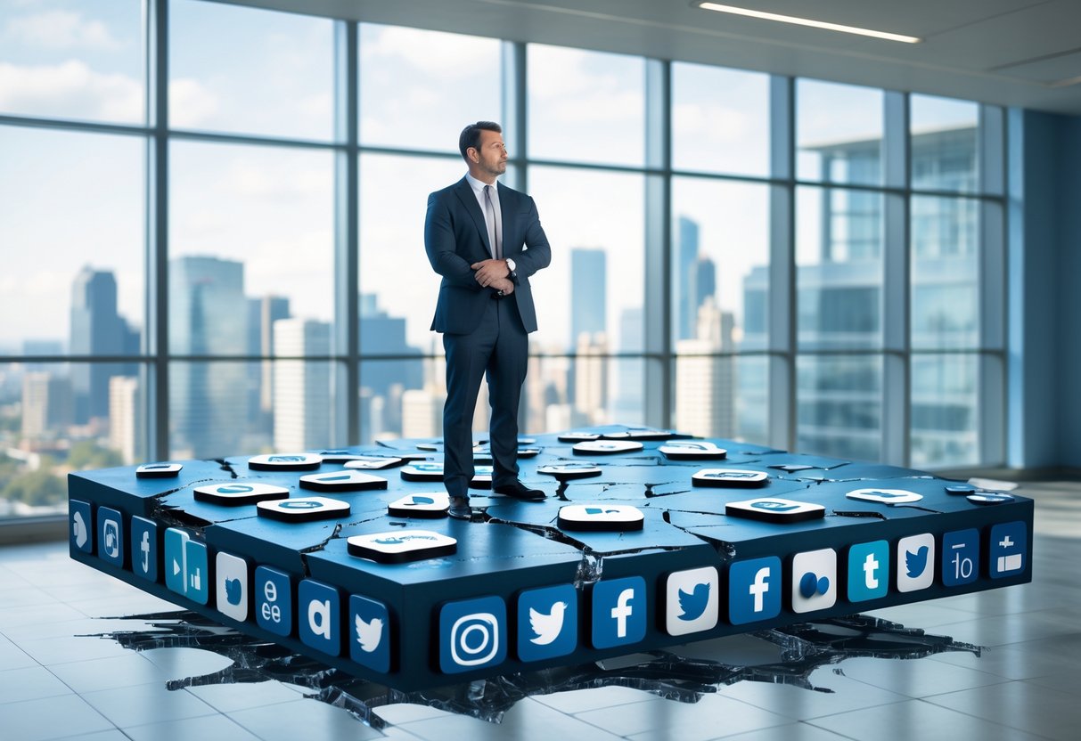 A businessperson standing on a cracked floating platform made of social media icons, looking concerned in an office with a city view.