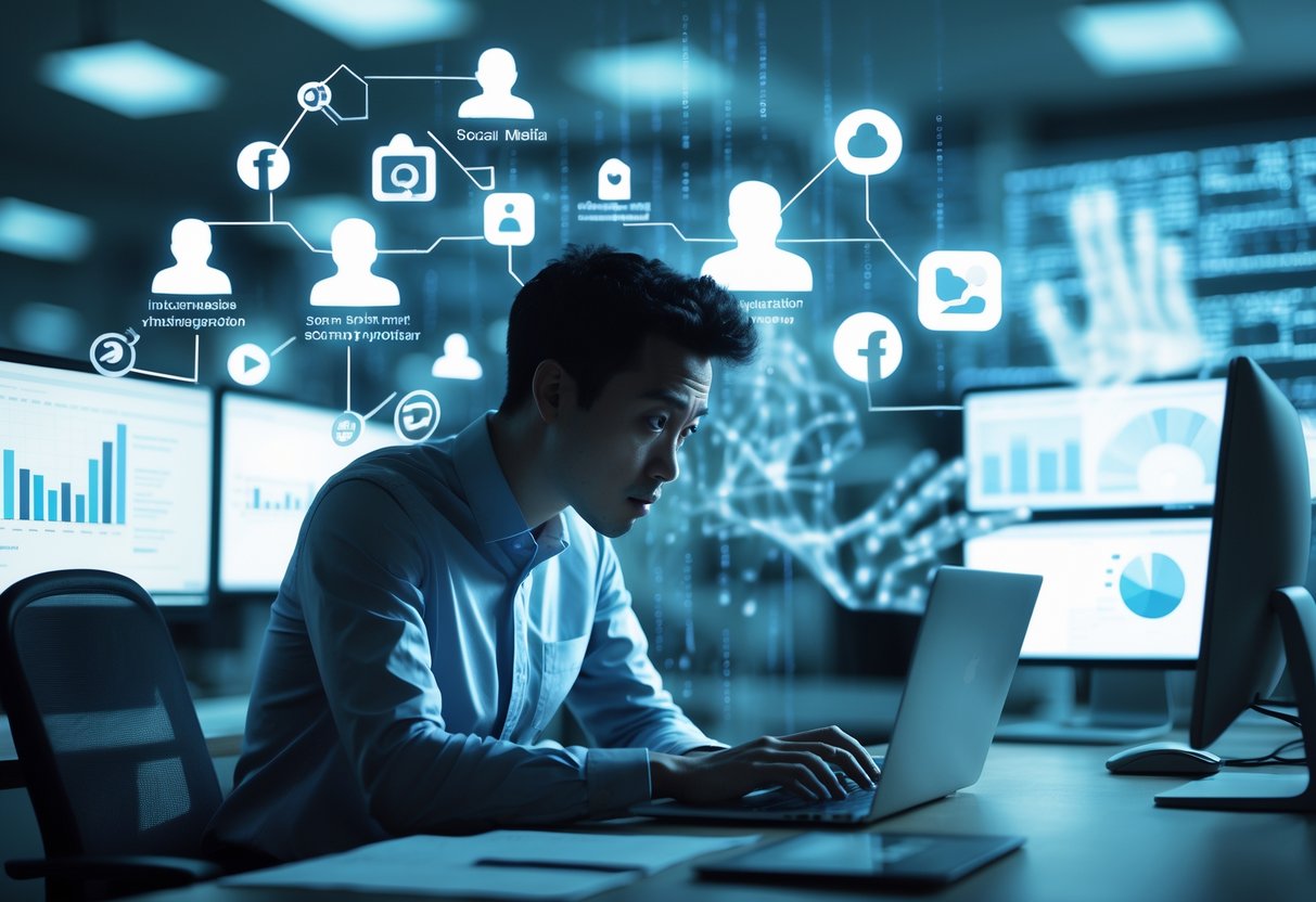 A person looking worried while using a laptop at a desk with floating digital icons representing social media and data around them.