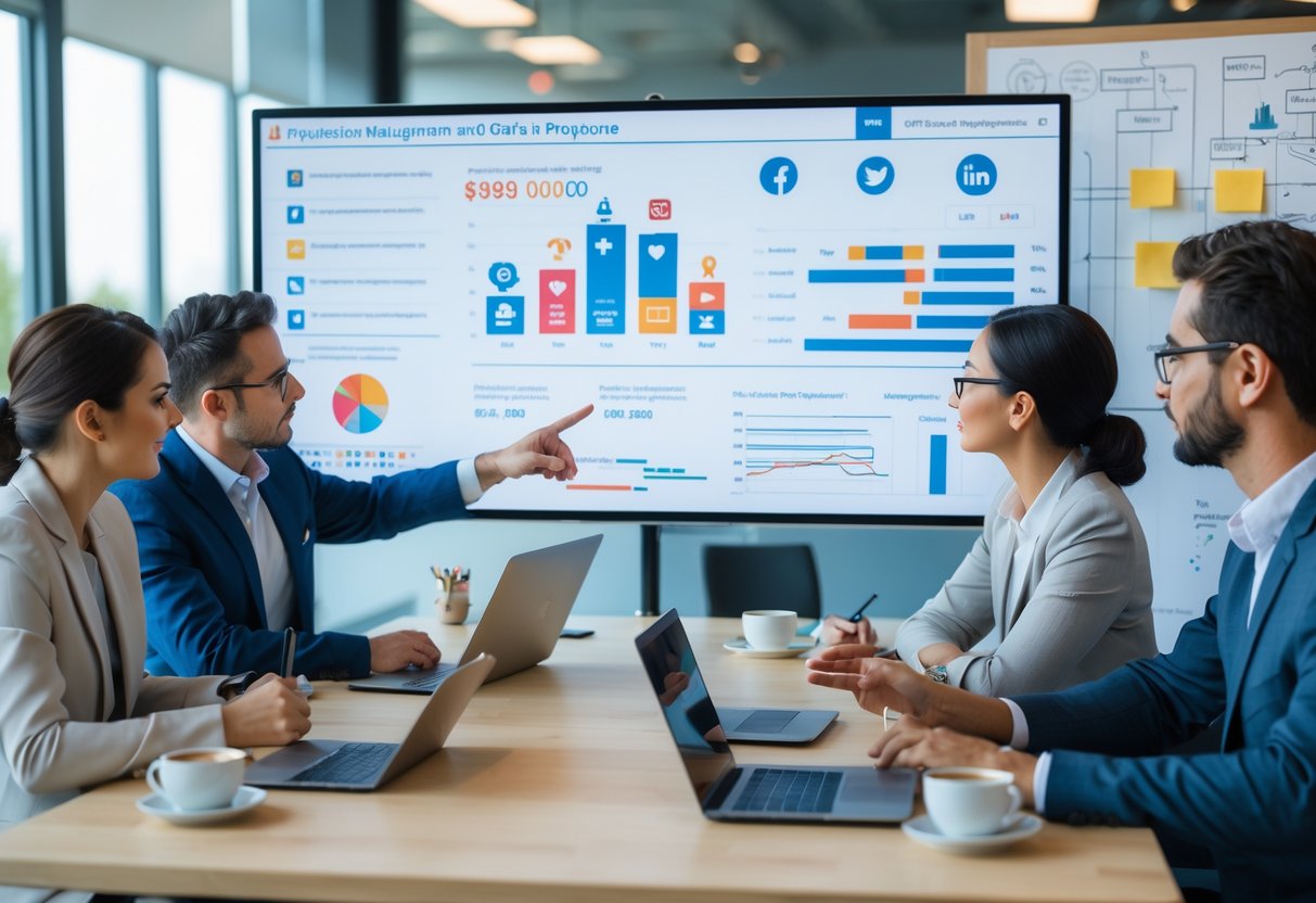 A team of business professionals discussing social media data and crisis response around a digital screen in a modern office.