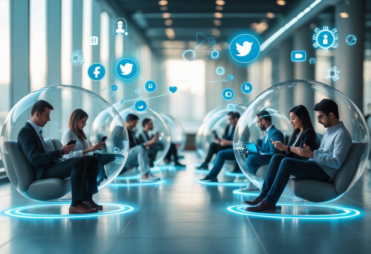 People sitting alone in separate transparent bubbles using digital devices, surrounded by floating social media icons and digital symbols, showing isolation and limited information sharing.