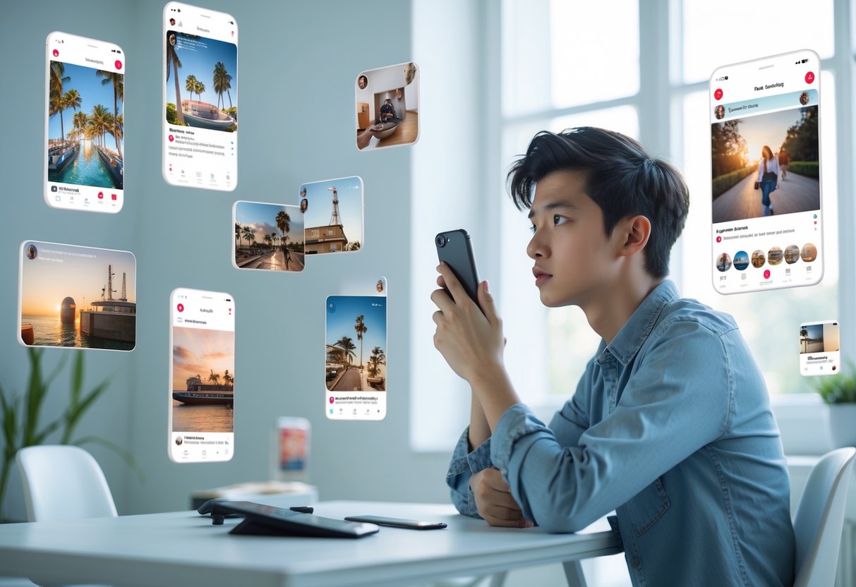 A young adult sitting at a desk looking thoughtfully at a smartphone, surrounded by floating social media images showing idealised moments.