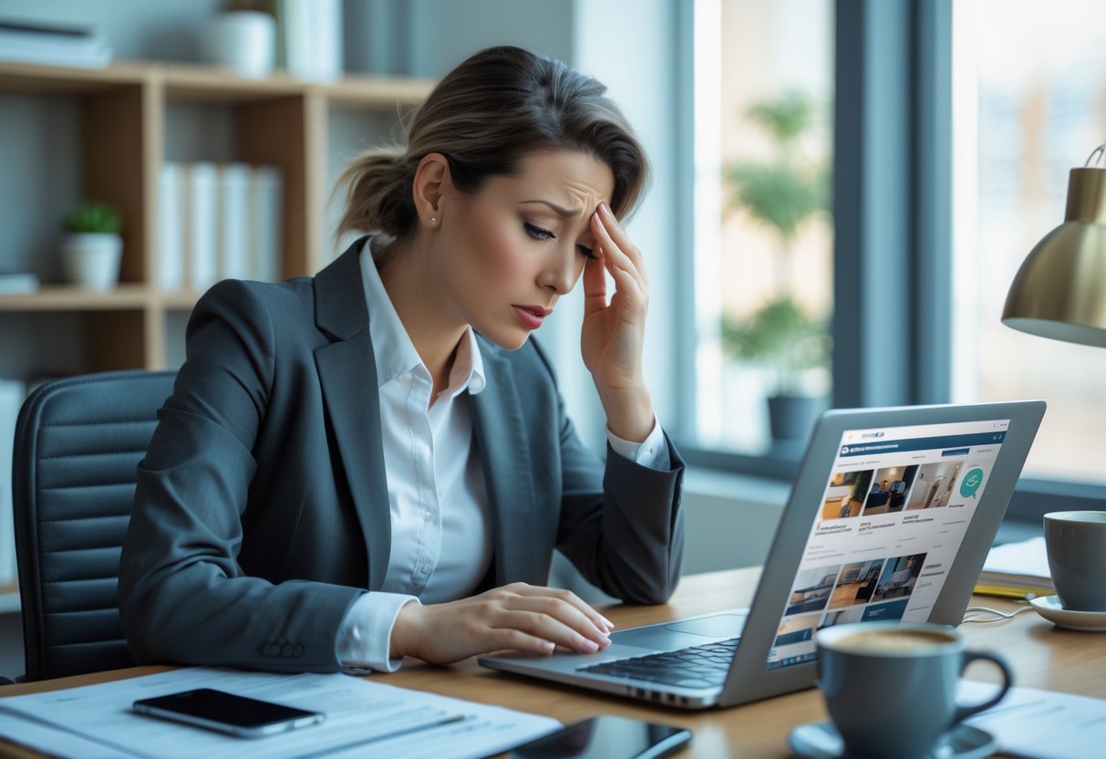 A stressed business owner sitting at a desk looking worried while viewing social media on a laptop in an office.