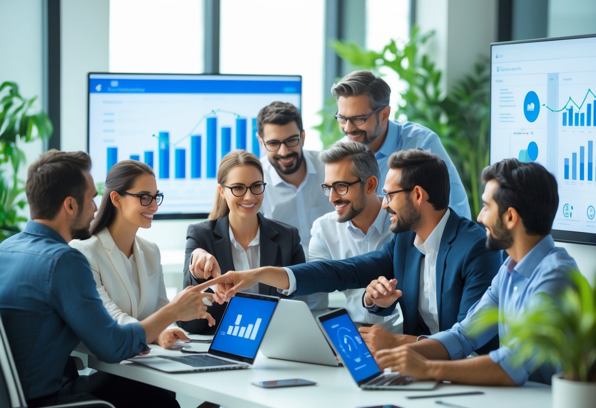 A diverse group of office workers collaborating around a table with digital devices and large screens in a bright, modern workspace.
