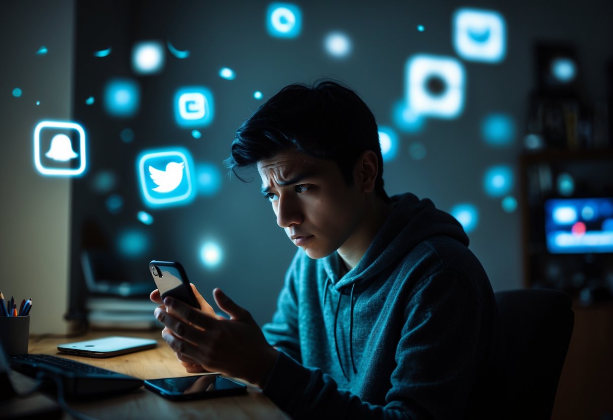 A young adult sitting alone in a dim room, looking distressed while staring at a glowing smartphone screen with faint social media icons floating around.