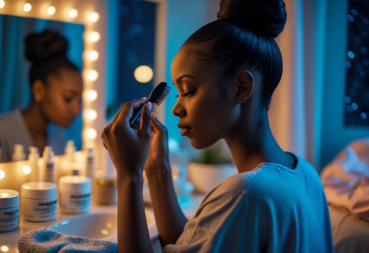 A woman gently styling her hair edges at a vanity during her nighttime routine.