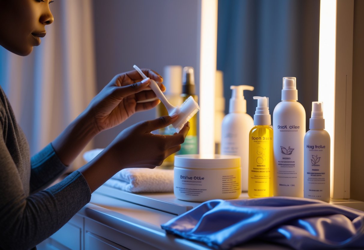 Close-up of a Black woman applying edge control to her hairline, with satin scarves and hair care products on her vanity.