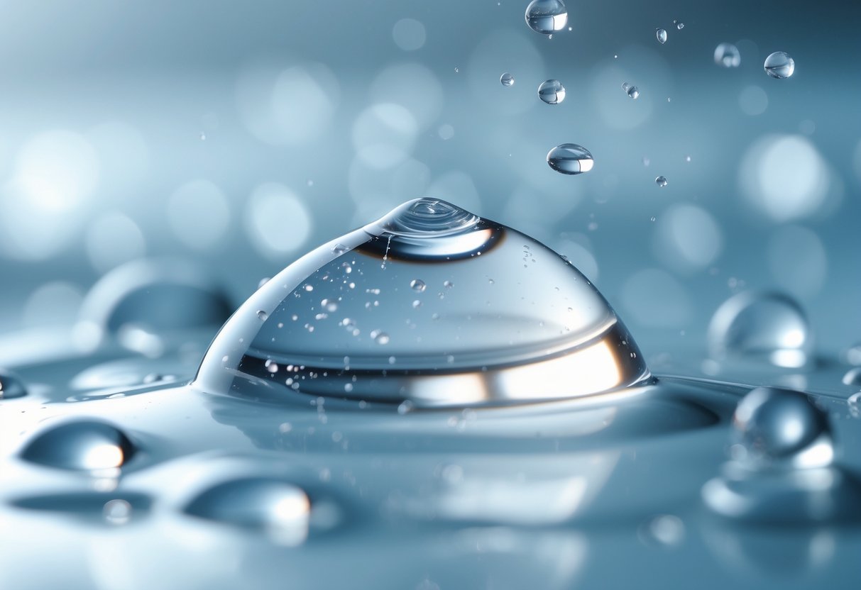 Close-up of a transparent glycerin droplet with water droplets on its edges against a soft blue and white background.