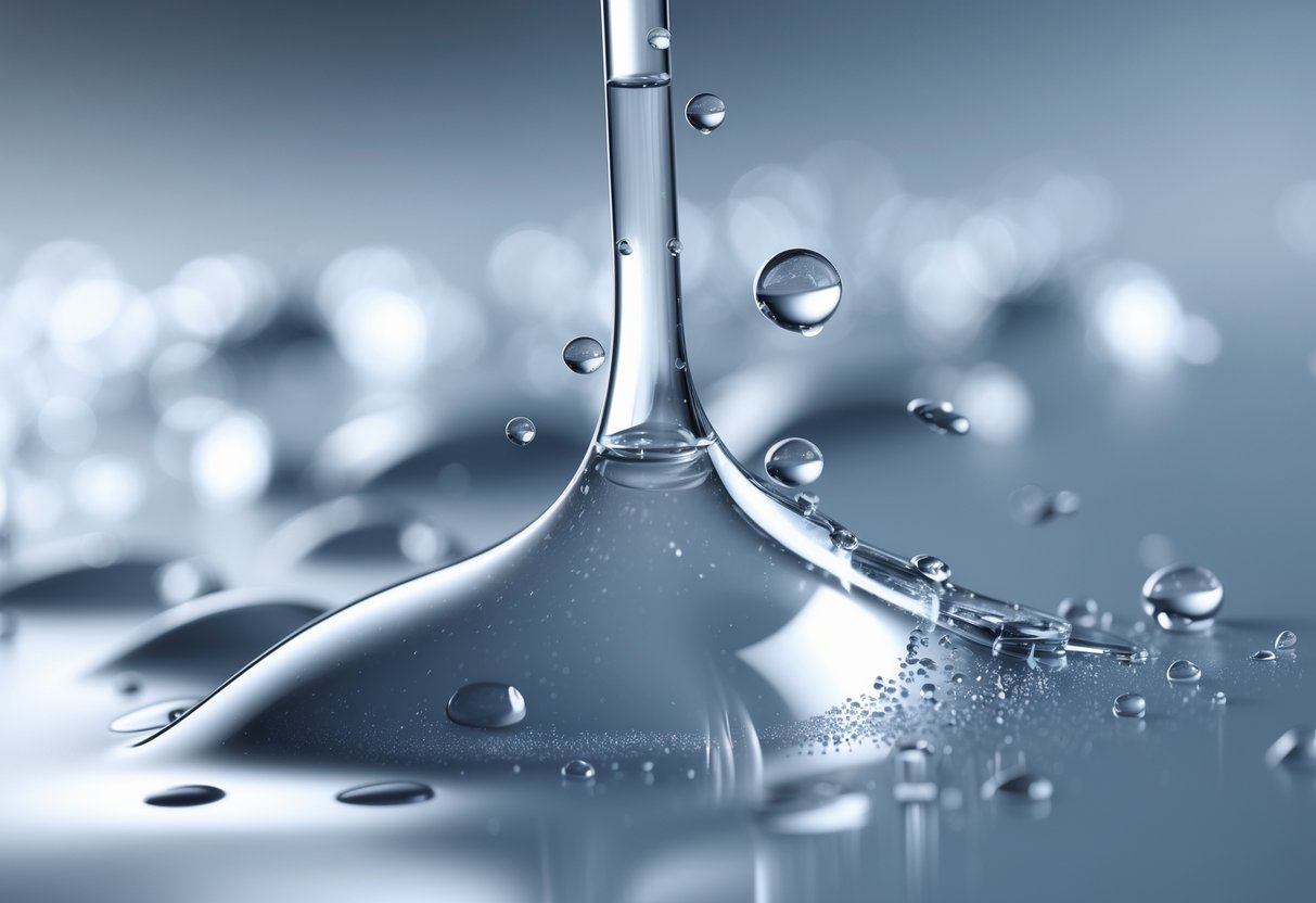 Close-up view of glycerin droplets merging with moisture on a smooth surface, showing detailed edges and reflections.