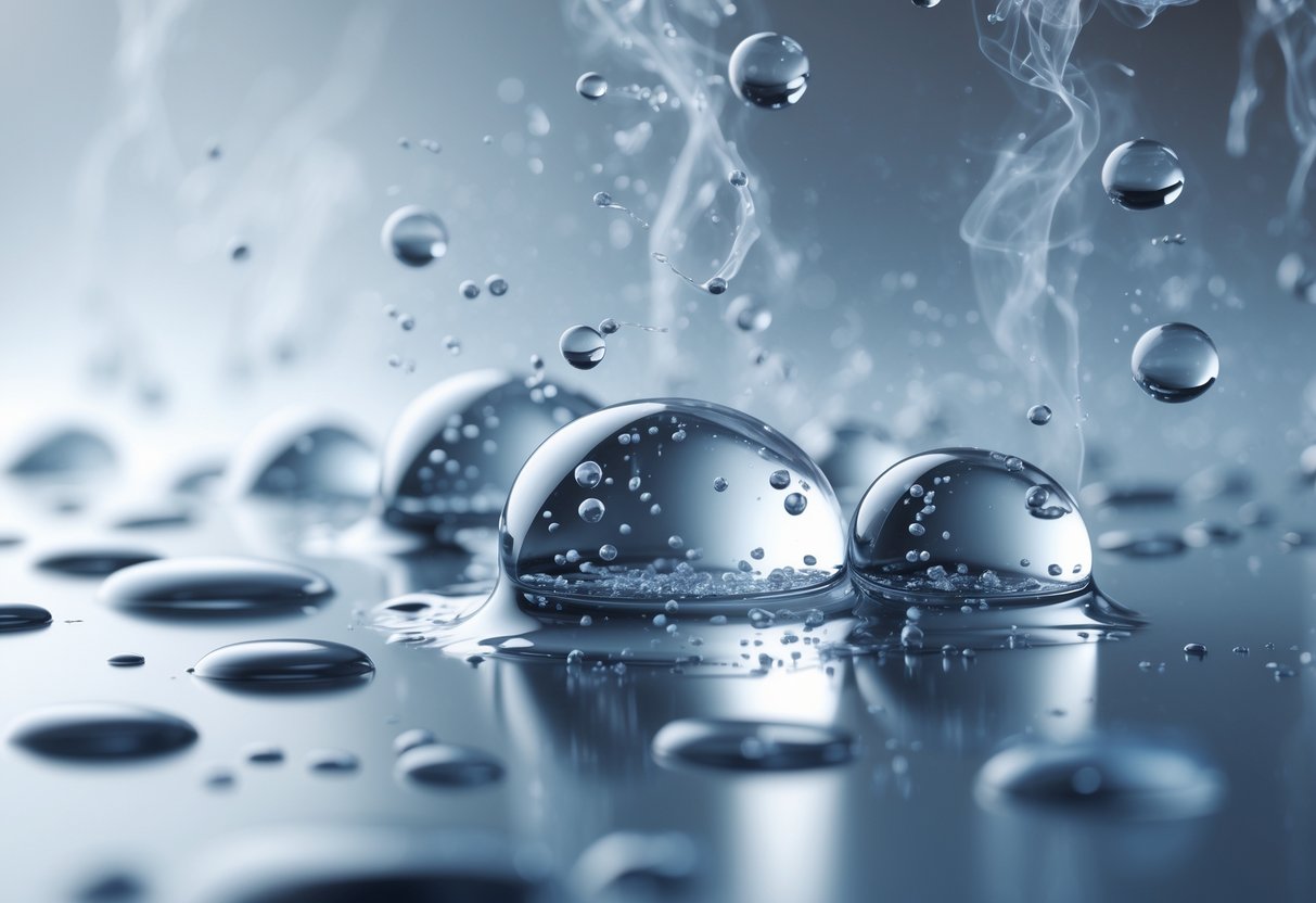 Close-up visualization of glycerin droplets interacting with water vapor in a humid environment.