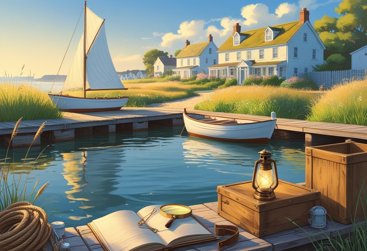 A peaceful coastal dock with a sailboat, a table holding a magnifying glass, notebook, and cup of tea, surrounded by seaside cottages and calm water.