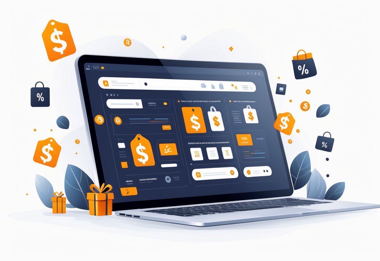 A digital device showing an online shopping interface with floating icons of discount tags, percentage signs, gift boxes, and shopping carts representing codes and coupons.