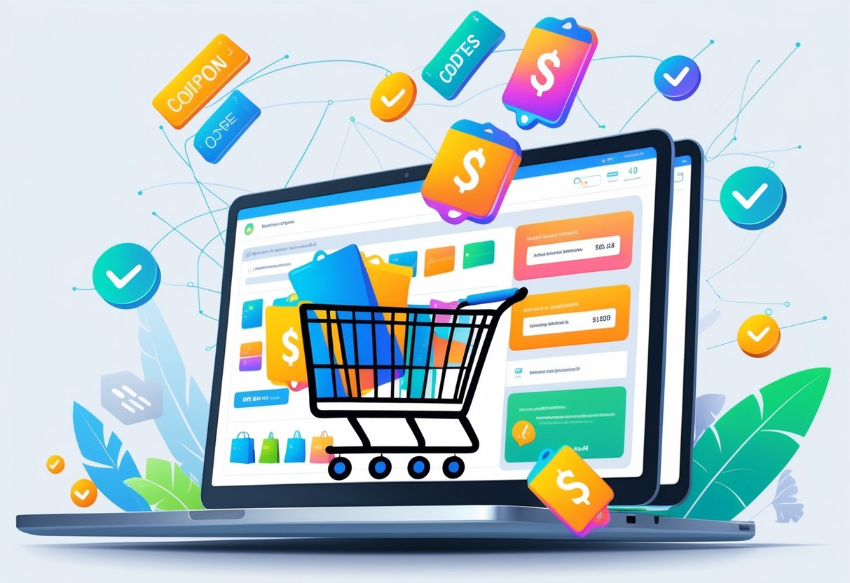 A digital shopping scene showing a laptop with a shopping cart and floating discount coupons and codes around it, illustrating how online coupons are applied during shopping.