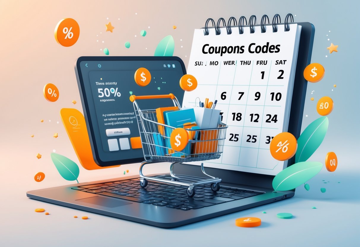 A digital shopping scene showing a laptop with a shopping cart full of products, floating discount icons, and a calendar highlighting special shopping dates.