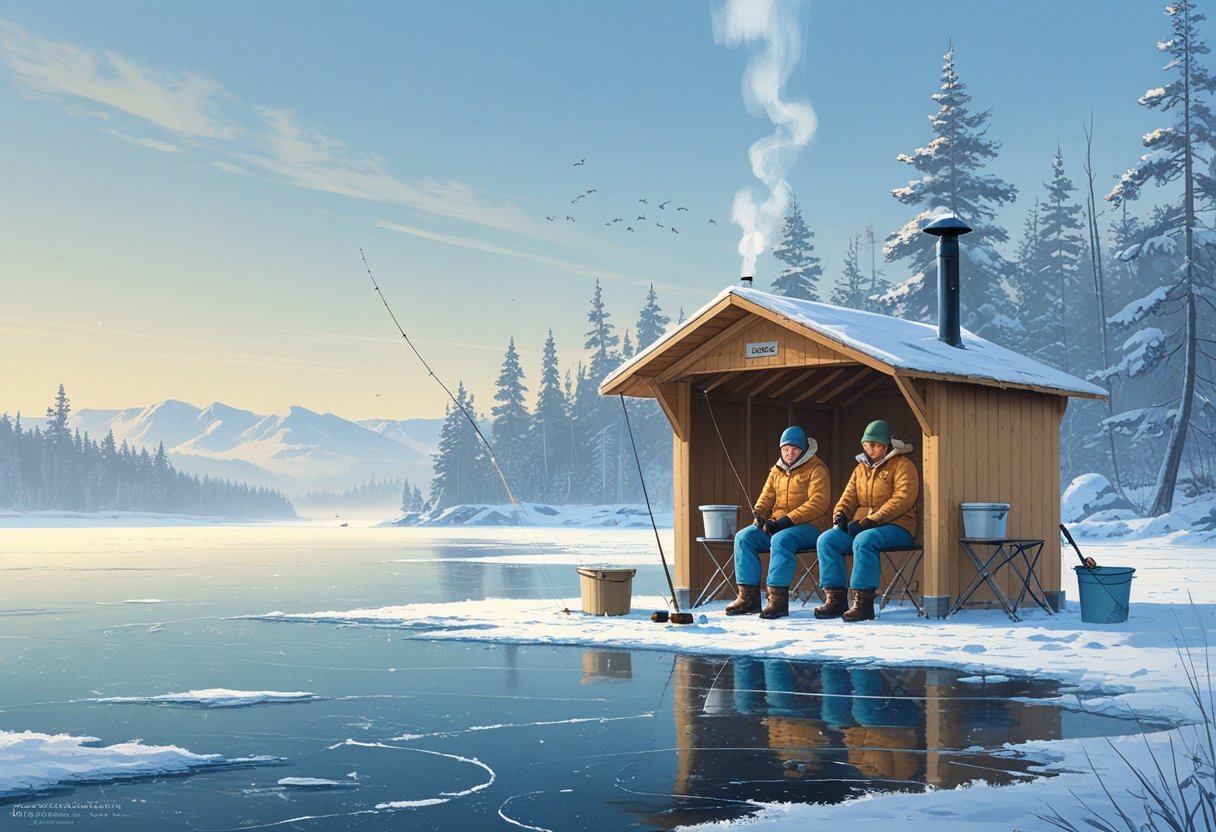 Two people ice fishing on a frozen lake near a wooden shelter surrounded by snow and pine trees under a clear winter sky.