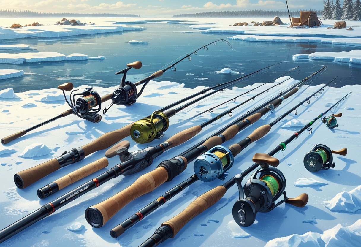 A selection of ice fishing rods and reels displayed on a frozen lake with ice fishing holes and gear nearby.