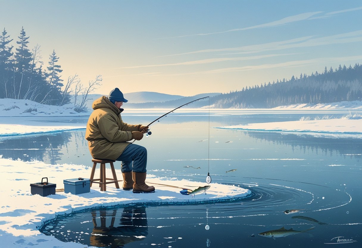 A person ice fishing on a frozen lake using jigging techniques, surrounded by snow and trees.