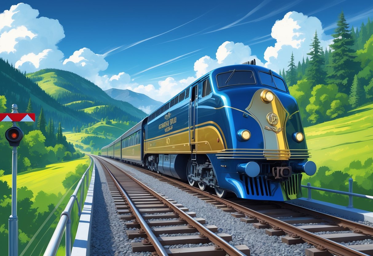 Kereta cepat berwarna emas dan biru melaju melalui lanskap perbukitan hijau dengan gunung di latar belakang.