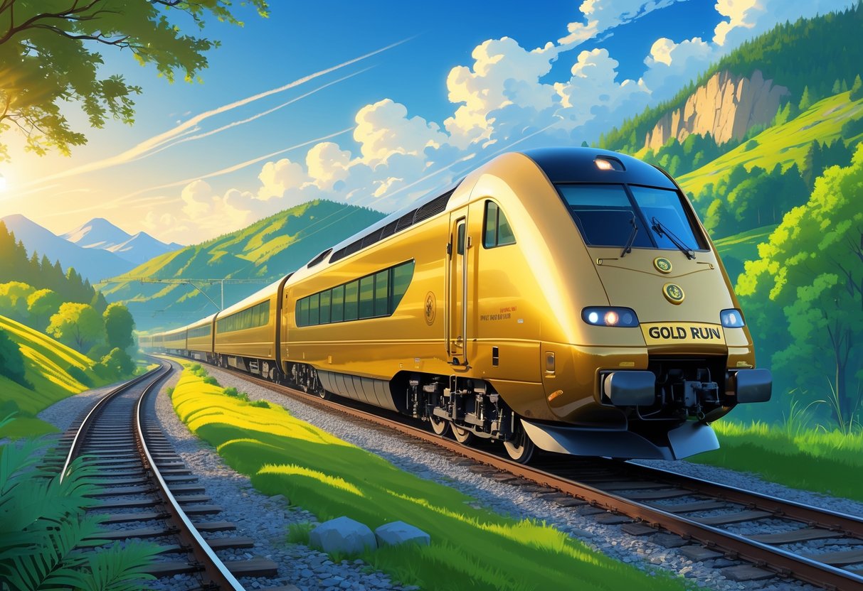 Kereta api emas yang megah melaju cepat melalui lanskap hijau dengan bukit dan gunung di latar belakang.