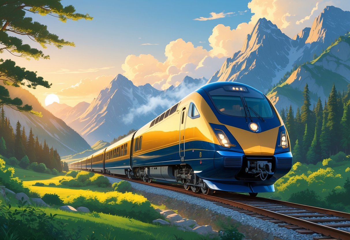 Kereta ekspres mewah melaju di pegunungan dengan hutan hijau dan langit cerah saat matahari terbenam.
