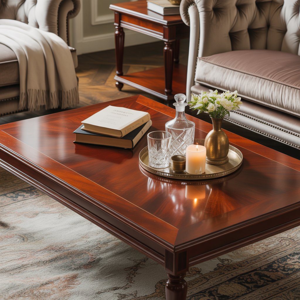 A polished mahogany coffee table with elegant decor items including a book, crystal decanter, candle holder, and flowers in a cozy living room.