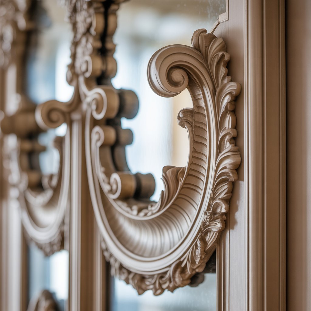 Close-up of ornate scrollwork and floral carvings on an interior wall in a luxurious home.