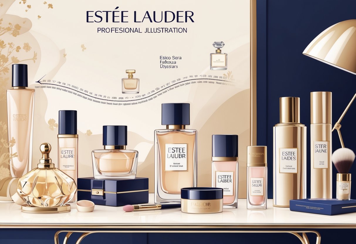 Ilustrasi produk kecantikan dan aksesori mewah di atas meja rias dengan latar belakang yang menggambarkan sejarah merek fashion.