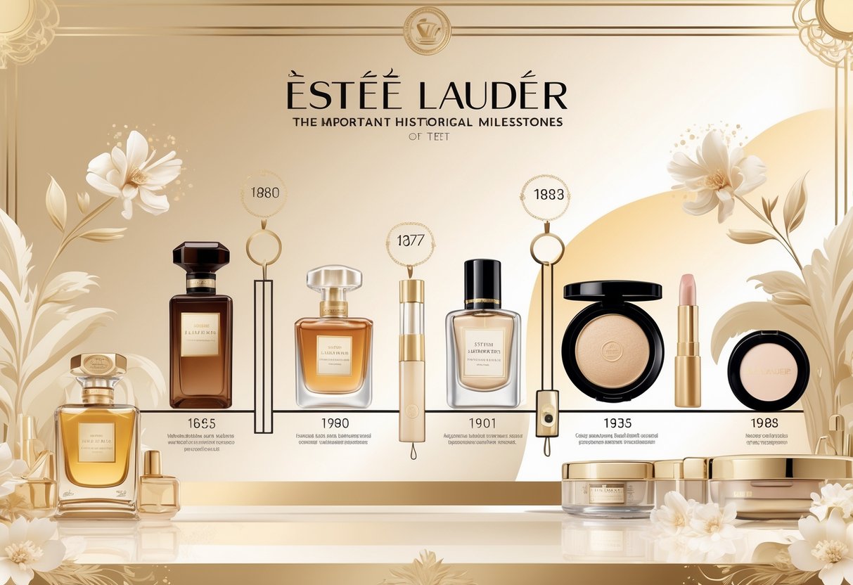 Ilustrasi yang menunjukkan tonggak sejarah penting dalam perjalanan merek mewah Estée Lauder dengan gambar botol parfum vintage, alat makeup klasik, dan aksesori mode elegan.