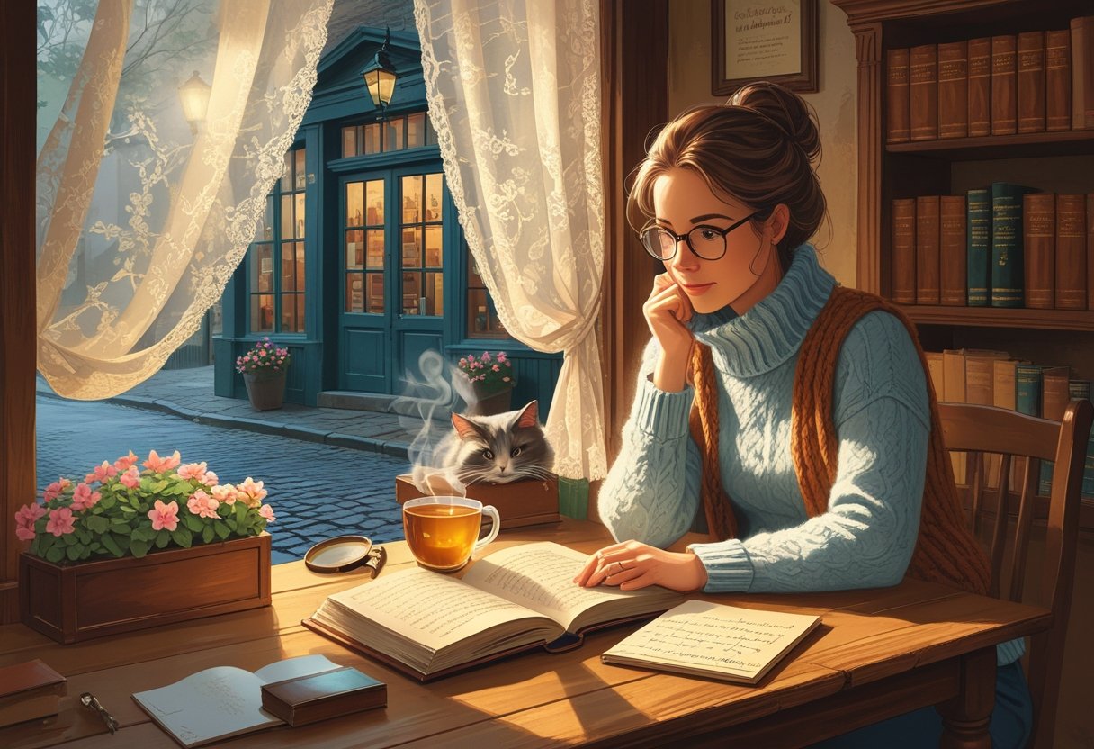 A woman in a cozy sweater reads a detective novel by a window with a cup of tea and a cat nearby, in a small-town street setting.