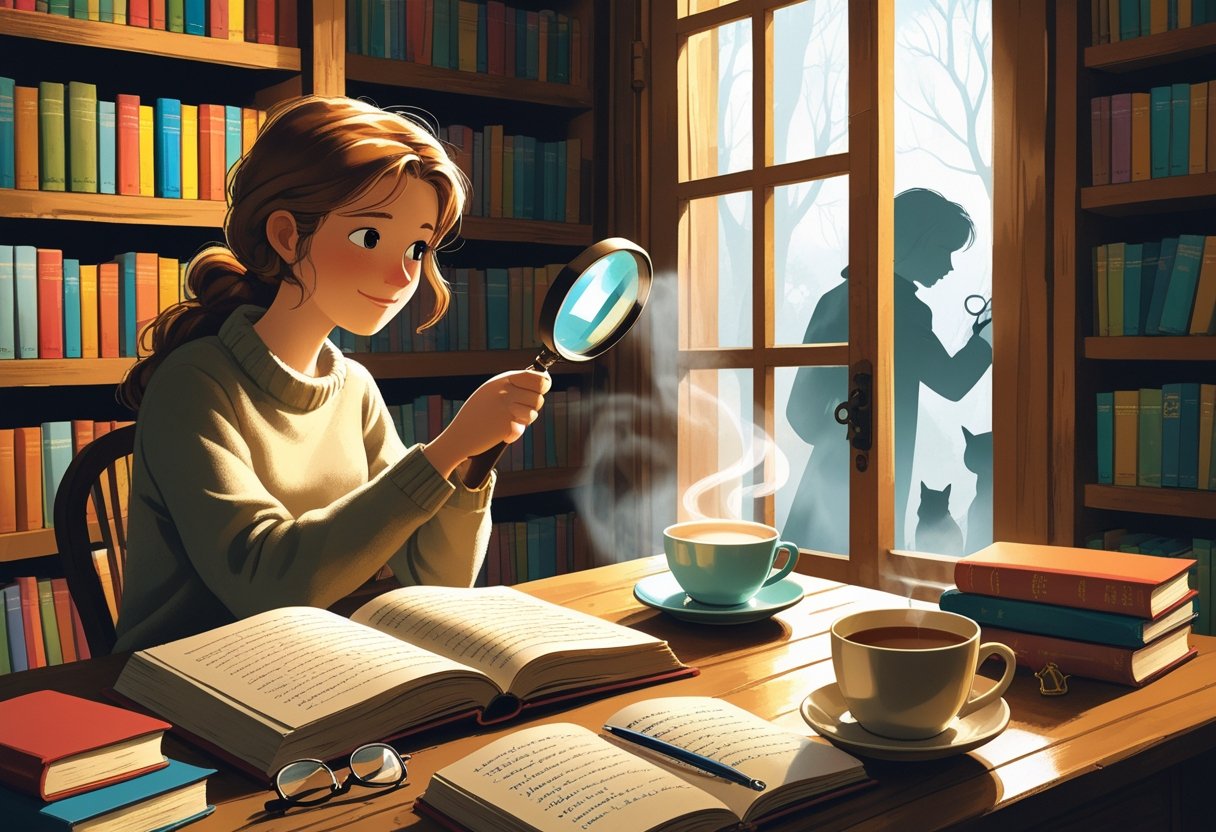 A person examining a book with a magnifying glass in a cozy bookstore, with a cup of tea, reading glasses, a notebook, a cat on the windowsill, and a shadowy figure in the background.