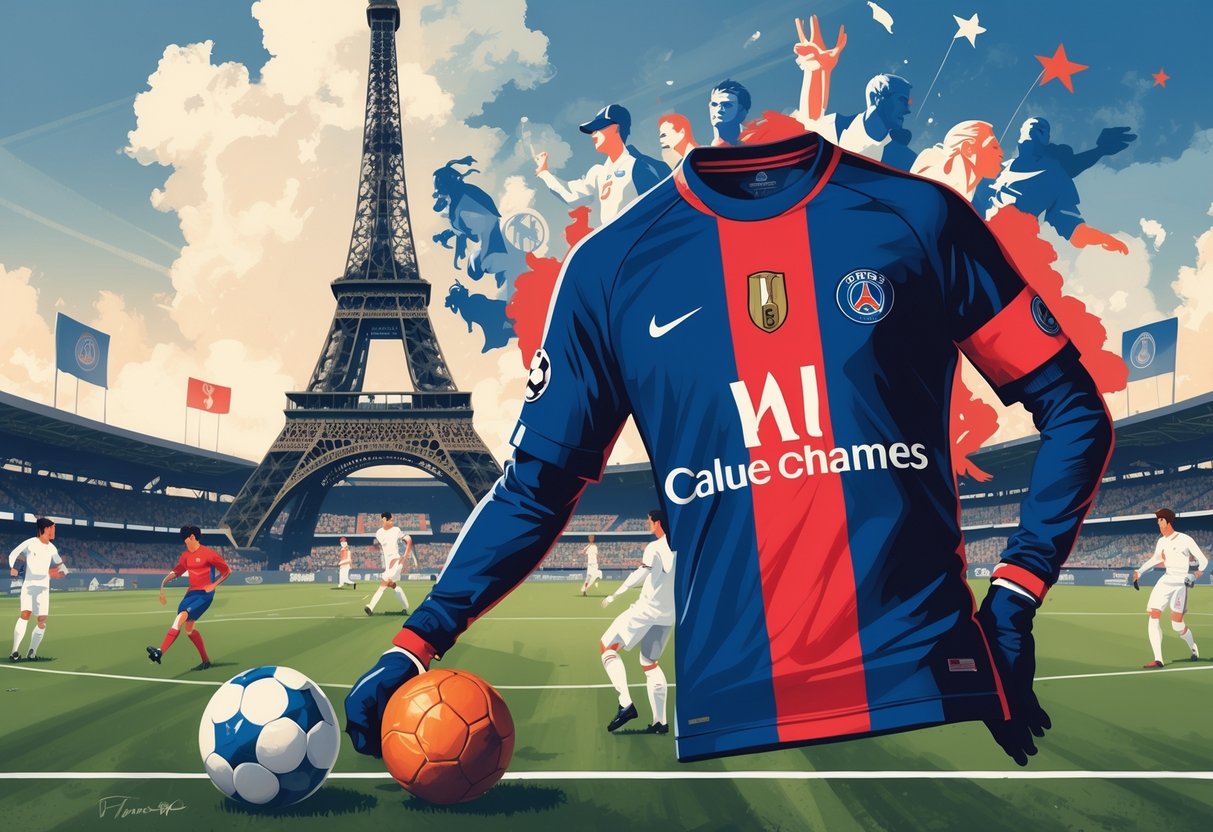 Ilustrasi yang menggambarkan sejarah klub sepakbola Paris Saint-Germain dengan menara Eiffel, jersey klub, bola sepak bola klasik, stadion modern, pemain dalam aksi, dan piala kemenangan.