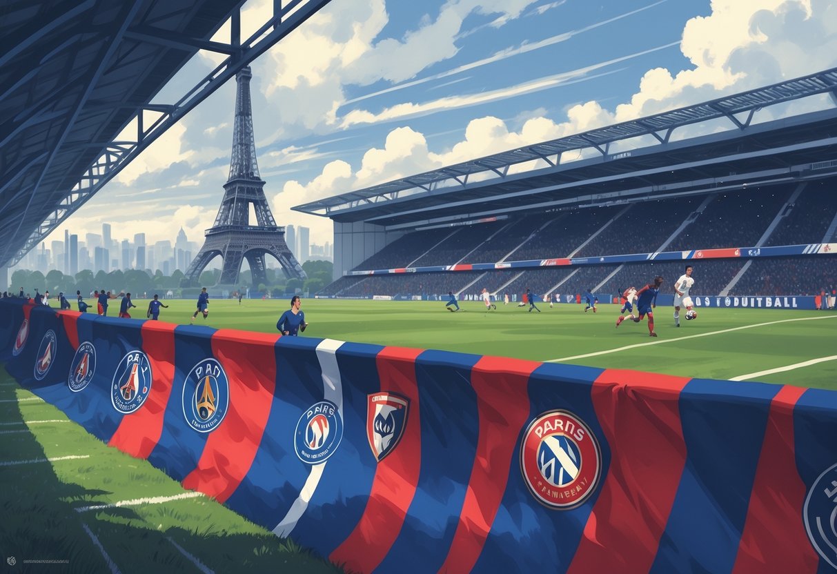 Ilustrasi yang menggambarkan sejarah dan perkembangan klub sepakbola Paris Saint-Germain dengan adegan dari pertandingan lama hingga stadion modern dan para pemain terkenal.