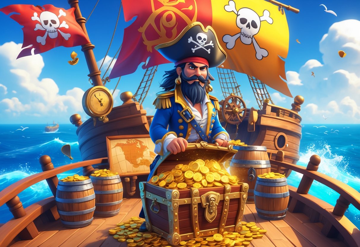 Seorang kapten bajak laut berdiri di dek kapal kayu dengan peti harta karun emas di tangannya, dikelilingi oleh peta harta, kompas, dan bendera bajak laut dengan latar laut biru dan langit cerah.