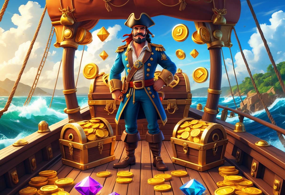 Seorang kapten bajak laut berdiri di dek kapal kayu yang dihiasi harta karun dan koin emas dengan latar belakang lautan dan langit cerah.