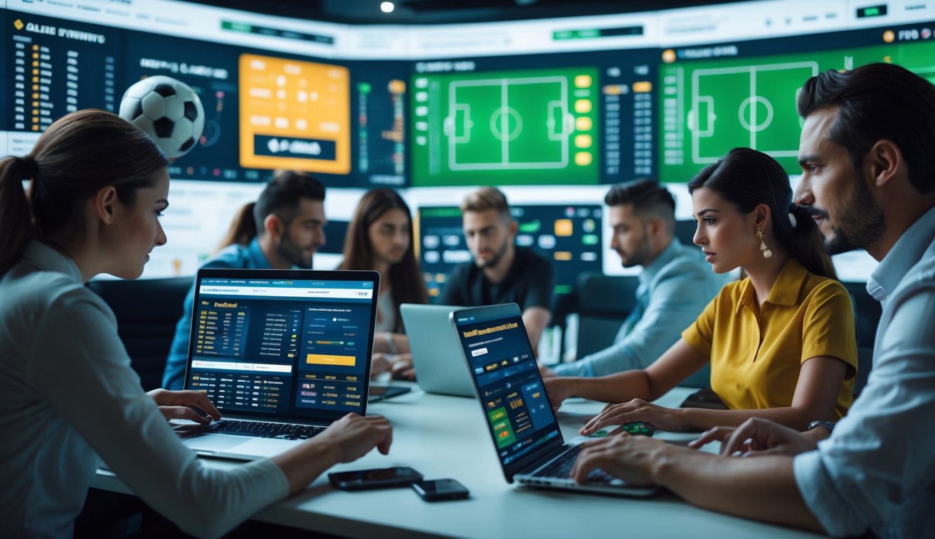 Orang-orang menggunakan perangkat digital untuk memasang taruhan sepak bola online dengan tampilan layar yang menampilkan pertandingan dan statistik.