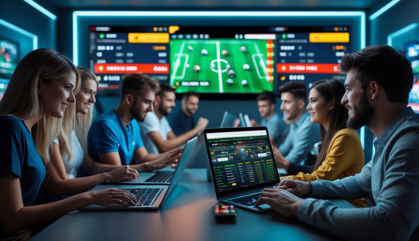 Sekelompok orang muda menggunakan perangkat digital untuk taruhan sepak bola dan e-sports di ruangan modern dengan beberapa layar yang menampilkan pertandingan dan skor langsung.