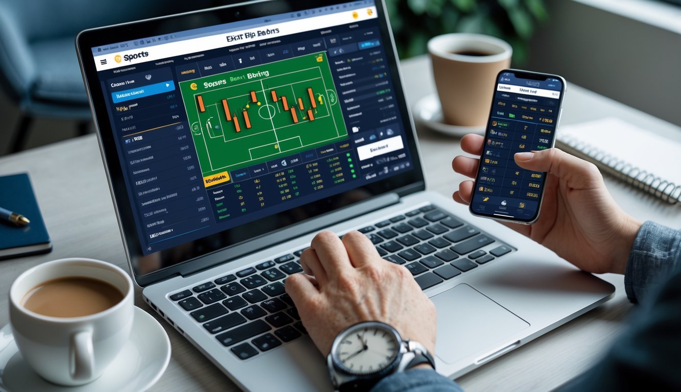 Seseorang menggunakan laptop dan ponsel untuk memasang taruhan olahraga secara online di meja kerja yang rapi.