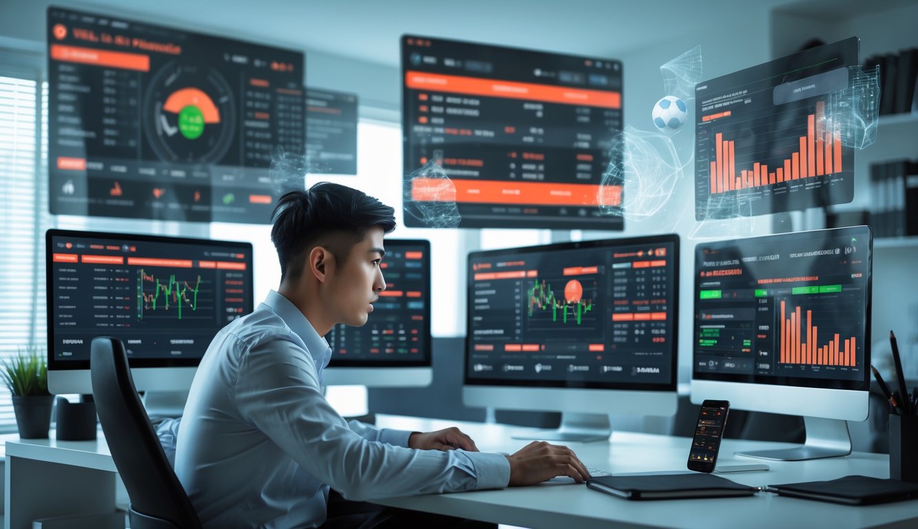 Seorang pria muda duduk di meja dengan beberapa layar komputer menampilkan statistik olahraga dan peluang taruhan, sedang menganalisis data dengan serius di ruang kerja modern.