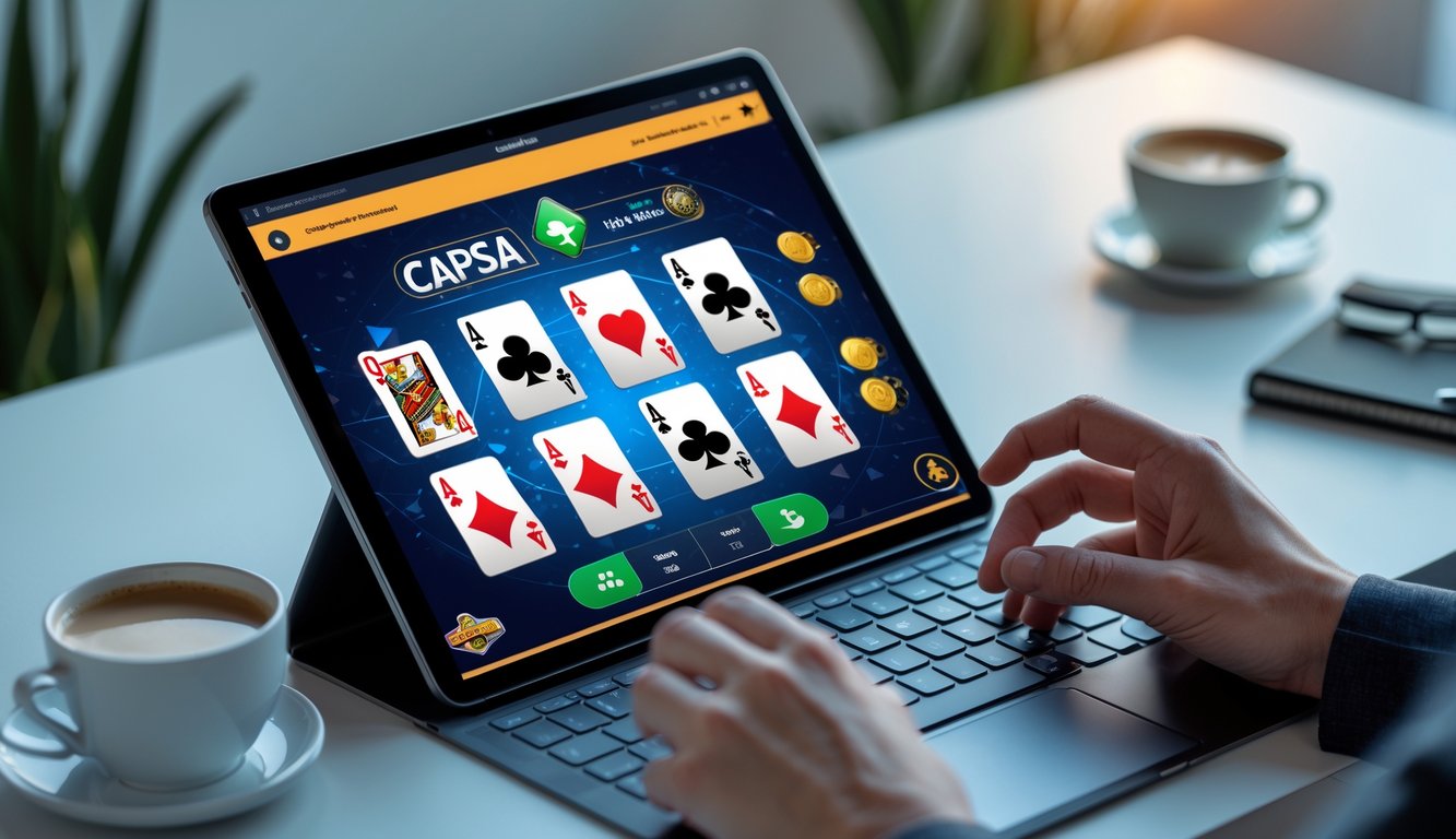 Seseorang bermain game Capsa online menggunakan laptop di meja kerja yang rapi dengan pencahayaan yang baik.