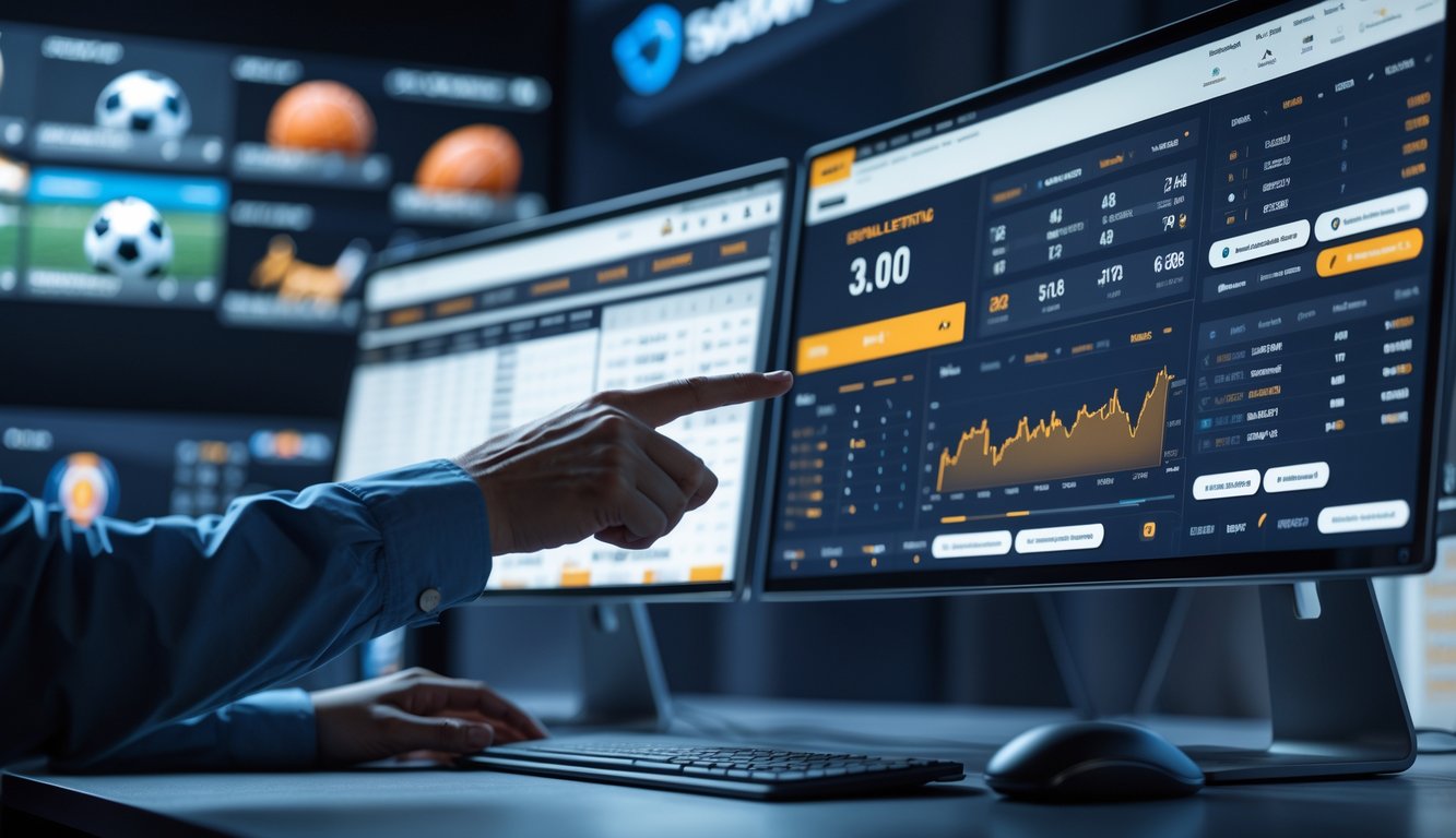 Seorang pengguna sedang berinteraksi dengan komputer yang menampilkan statistik olahraga dan mode taruhan real-time dalam lingkungan kerja modern.