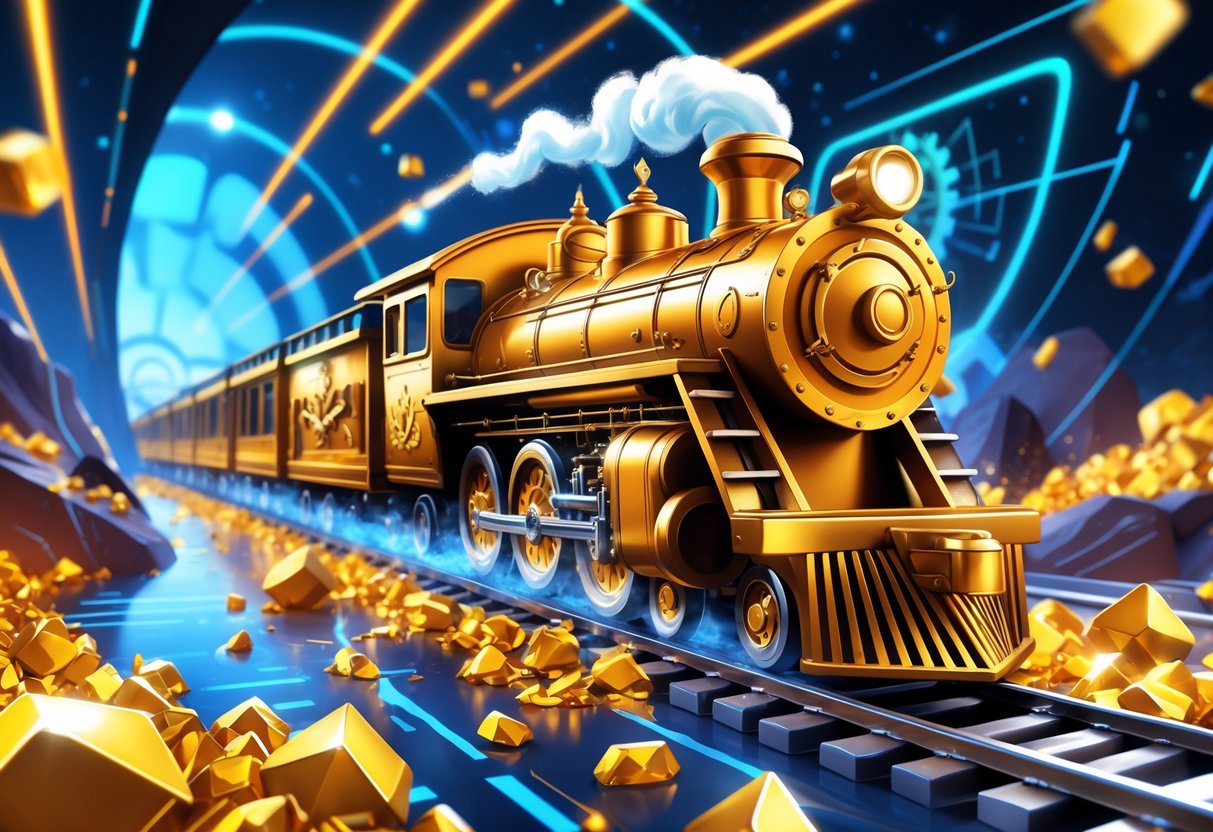 Kereta ekspres mewah berwarna emas melaju di lanskap penuh dengan emas dan peti harta karun, dikelilingi oleh elemen digital yang menggambarkan sistem permainan.