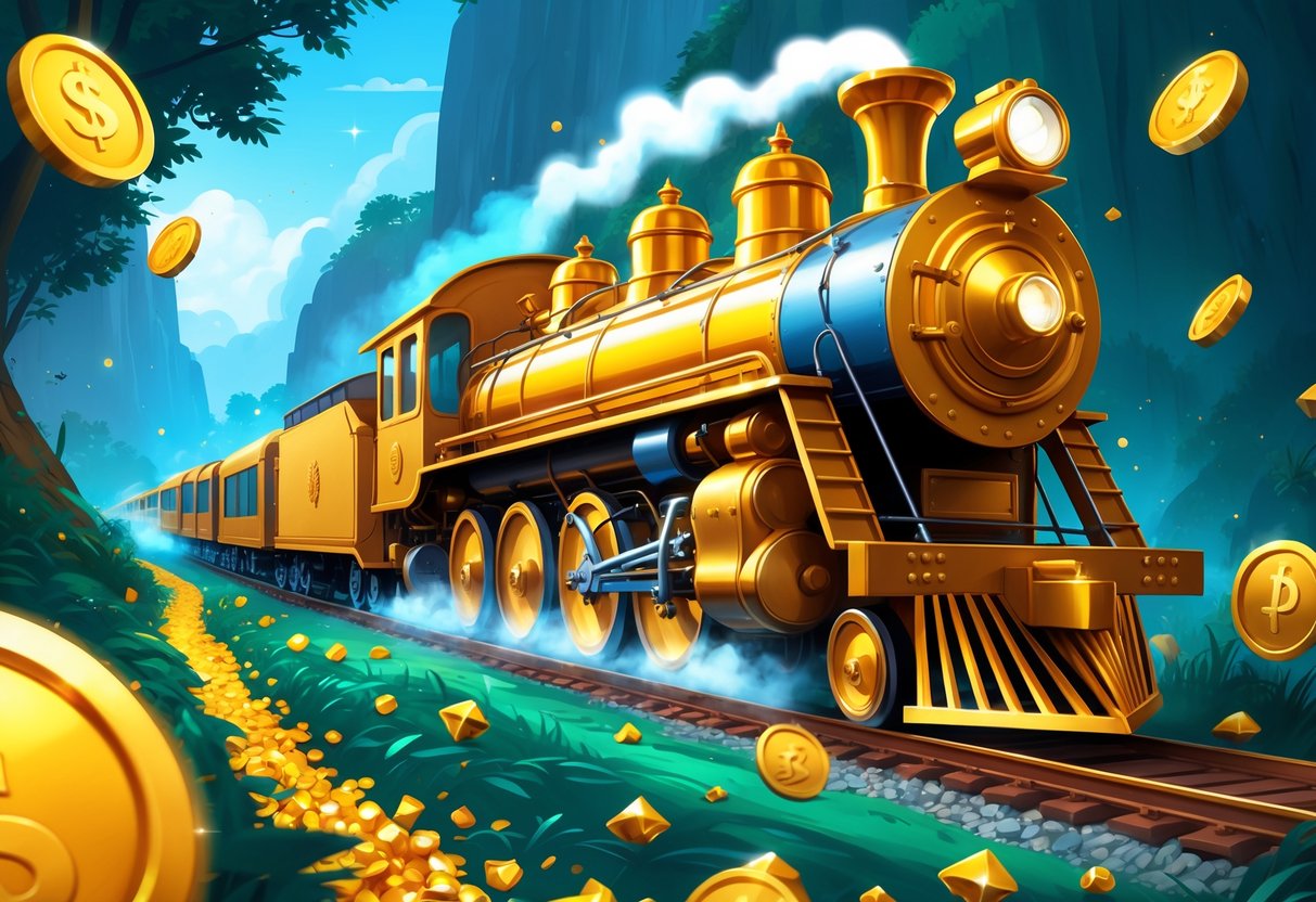 Gambaran sebuah kereta emas mewah yang melaju di lanskap penuh dengan emas dan harta karun.