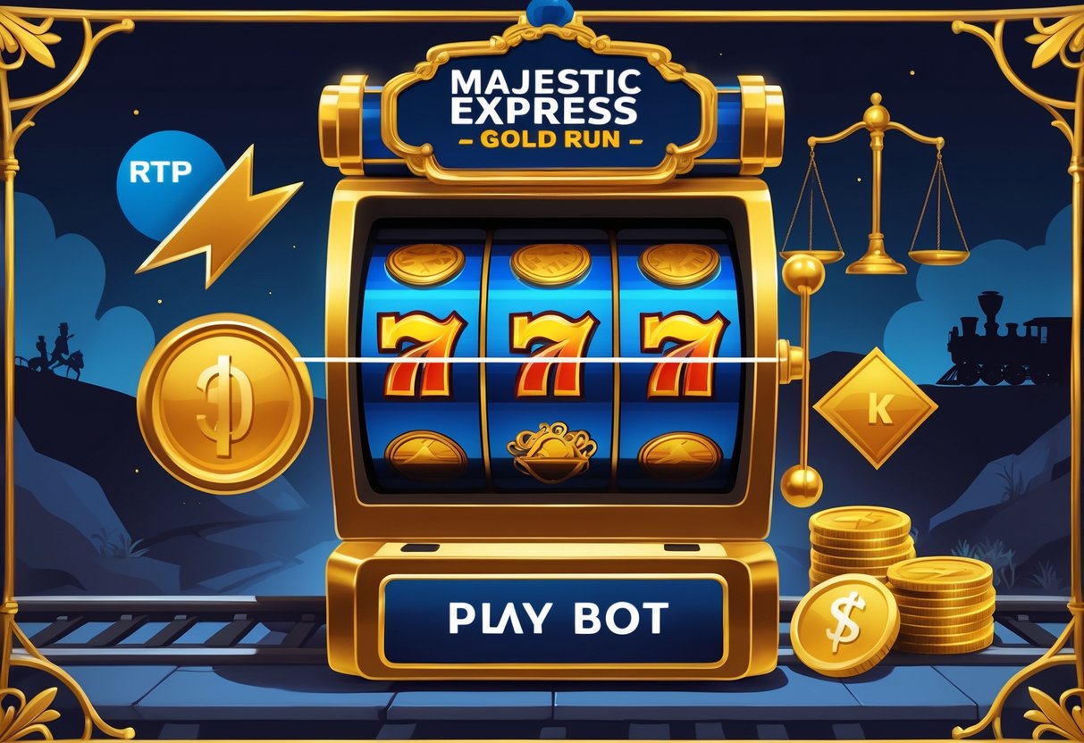 Ilustrasi mesin slot emas dengan simbol koin dan grafik yang menggambarkan peluang menang, volatilitas, dan RTP dalam permainan Majestic Express – Gold Run.